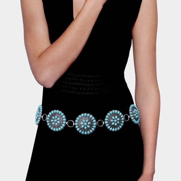 Turquoise Natural Stone Antique Metal Squash Blossom Boho Westen Style L… - Picture 1 of 2